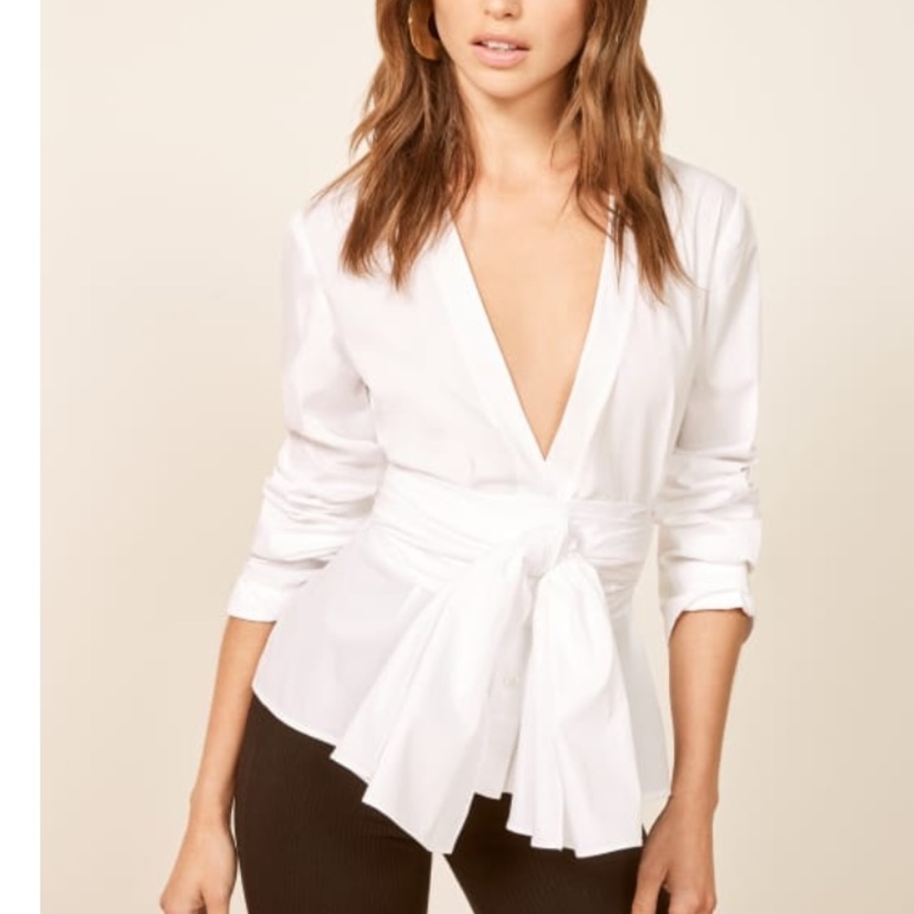 Reformation Belle Top White Tie Waist Shirt